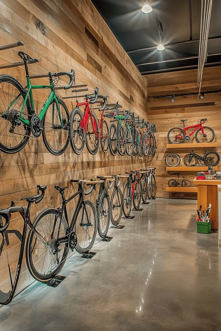 This may contain: several bikes are on display in a bike shop with wooden walls and shelves behind them
