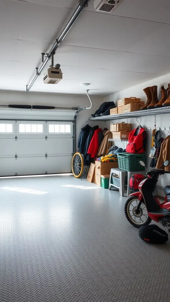 This may contain: a motorcycle parked in a garage next to a shelf filled with coats and other items