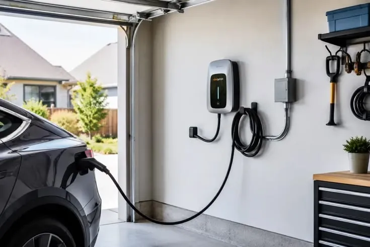 This may contain: an electric car plugged in to a garage with the door open and it's charging