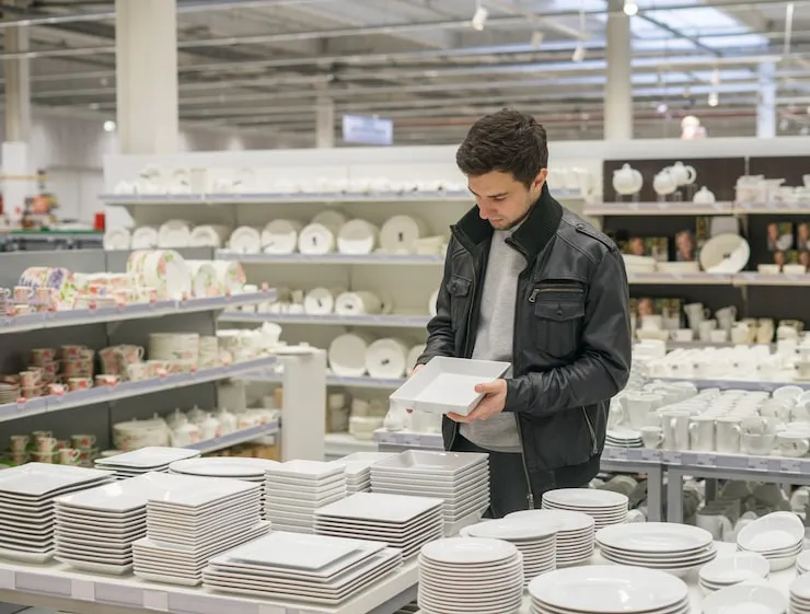 Male customer choosing dishes tableware in the supermarket store