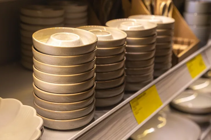 Shelf with ceramic plates for sell in a tableware store