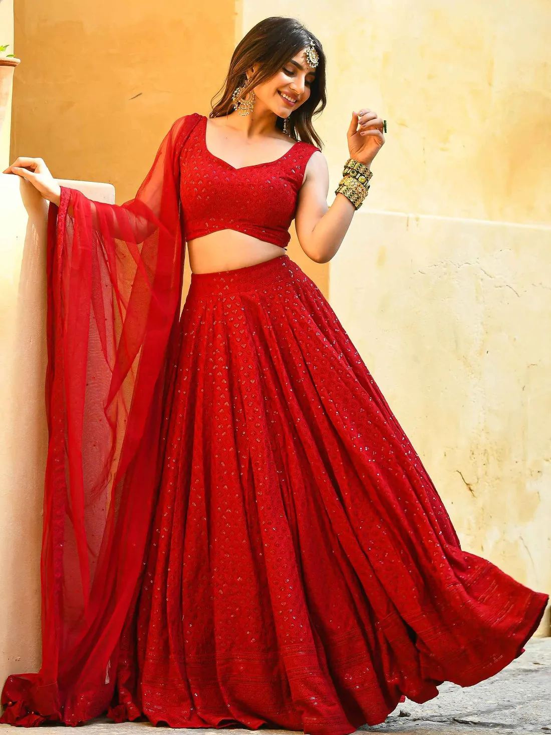 Marvelous Red Sequins Georgette Sangeet Wear Lehenga Choli - Zeel Clothing
