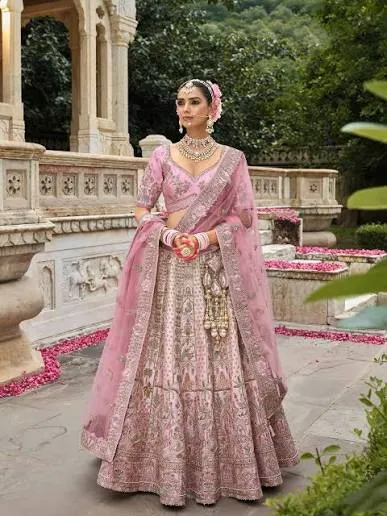 Pastel Pink Bridal Lehenga with Heavy Embroidery - Pastel Pink / Semi Stitched