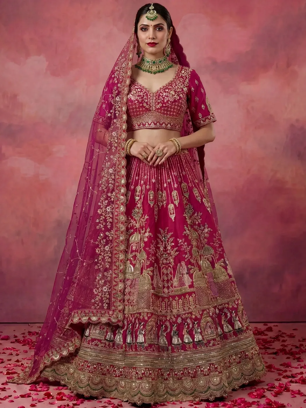 Elegant maroon lehenga choli with gold embroidery, perfect for Indian weddings and festive occasions.