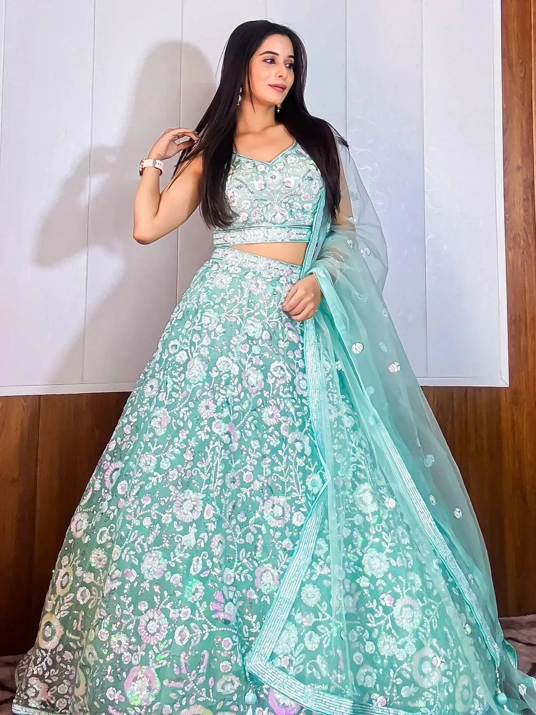 Mesmerizing Sky-Blue Sequins Net Party Wear Lehenga Choli With Dupatta - Zeel Clothing