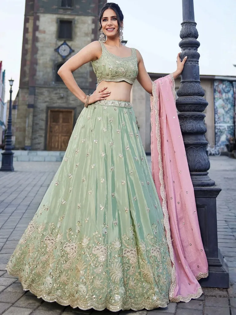 Attractive Pista Green Zari Silk Wedding Wear Lehenga Choli With Dupatta 