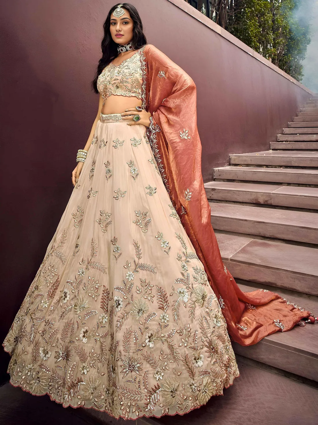 Lovely Peach Sequins Silk Bridesmaid Lehenga Choli With Dupatta