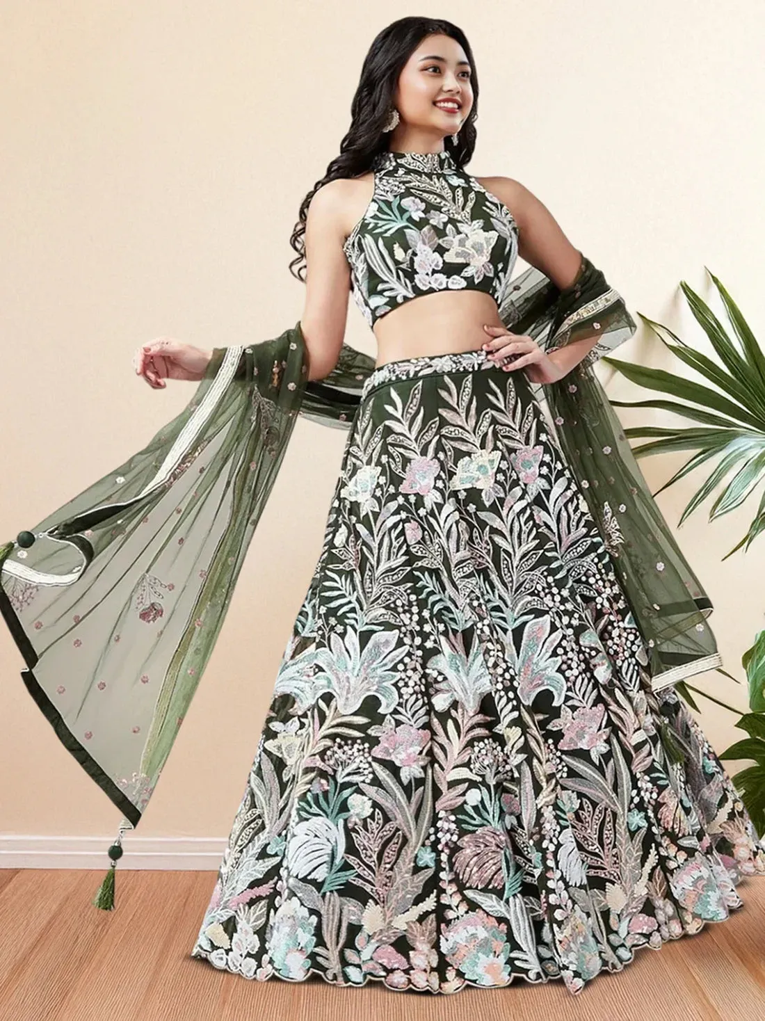 Spectacular Green Sequins Net Party Wear Lehenga Choli With Dupatta - Zeel Clothing