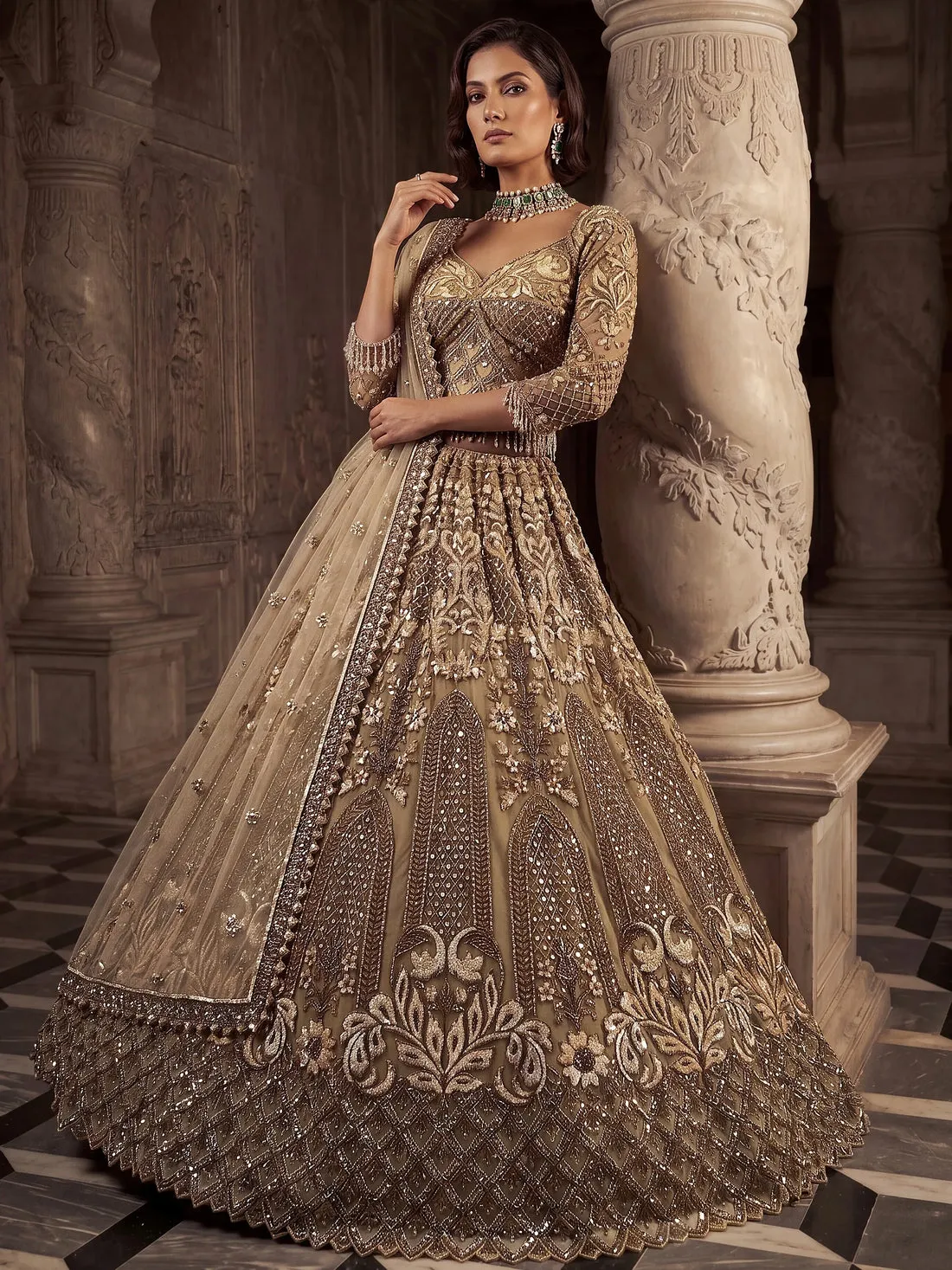Sparkling Gold Hand Work Net Reception Wear Lehenga Choli With Dupatta