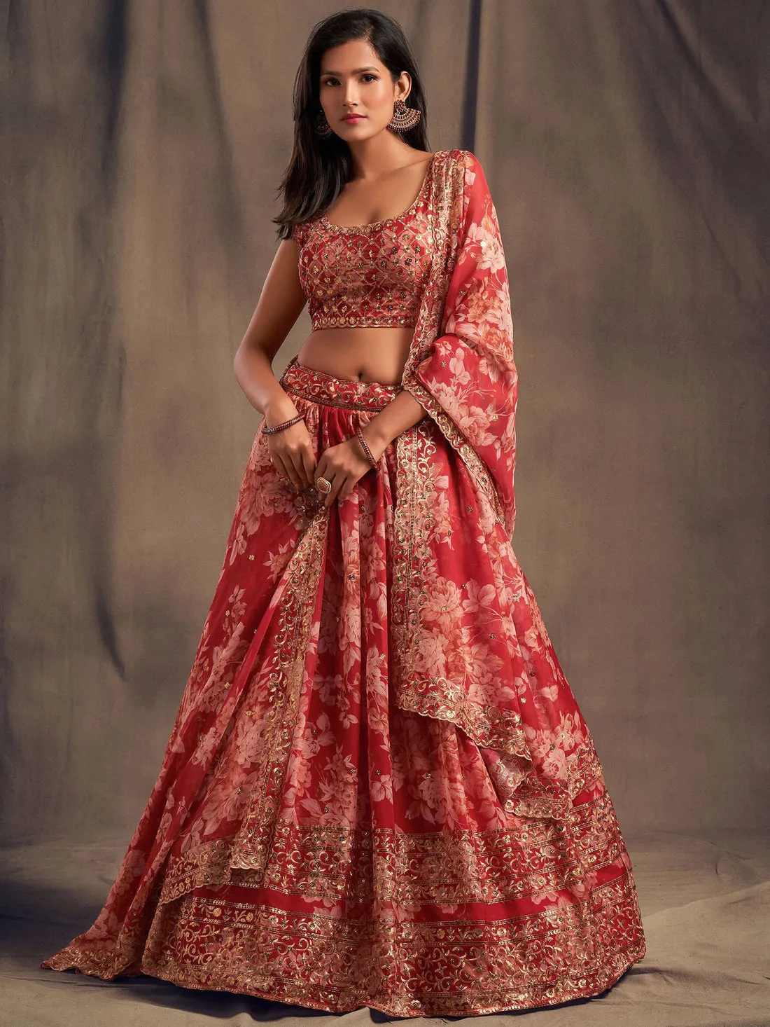 Red Floral Printed Organza Festival Lehenga Choli - Zeel Clothing