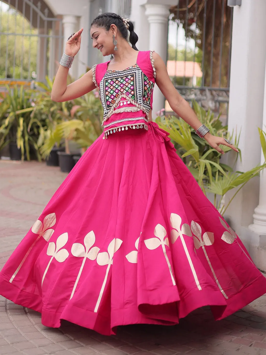 Fantastic Pink Gamthi Work Silk Navratri Wear Lehenga Choli