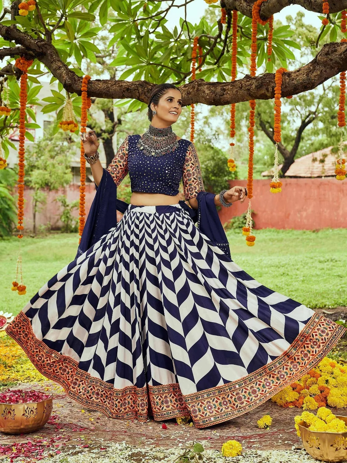 Navy blue and white printed lehenga choli with embroidered blouse, perfect for Indian ethnic occasions