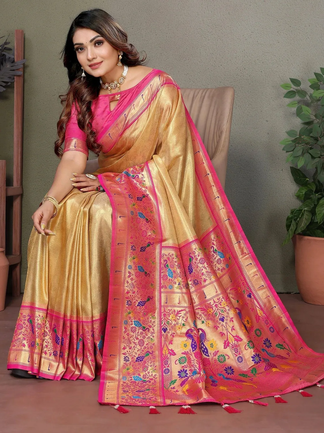 Golden saree with pink border and peacock embroidery, paired with matching blouse for festive occasions