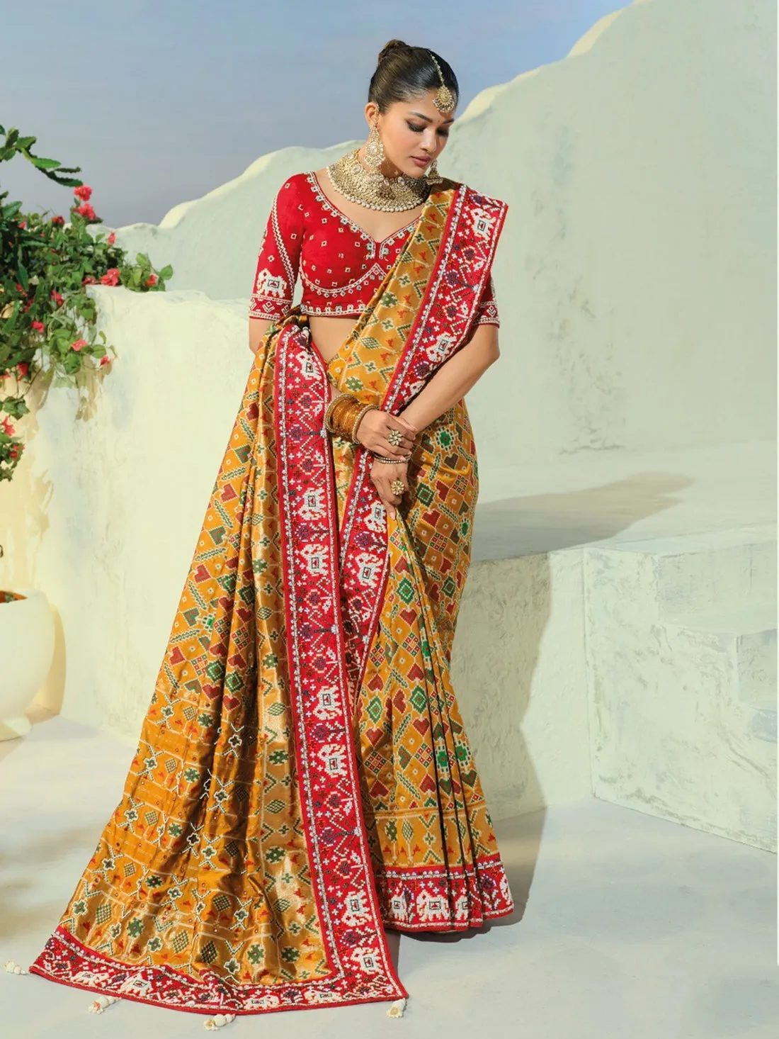 Royal Mustard Beads Work Silk Wedding Wear Patan Patola Style Saree