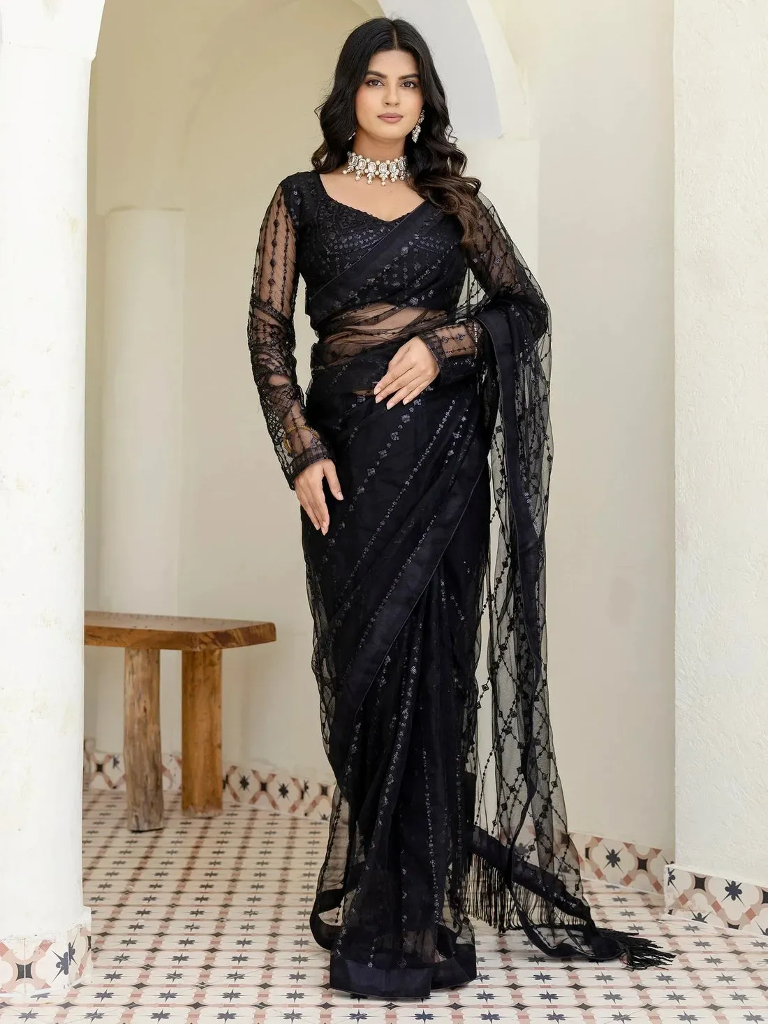 Remarkable Black Sequins Embroidery Net Party Wear Saree With Blouse - Zeel Clothing
