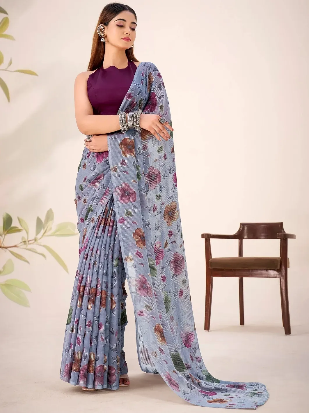 Classy Grey  Floral Printed Brasso Sangeet Nights Wear Saree
