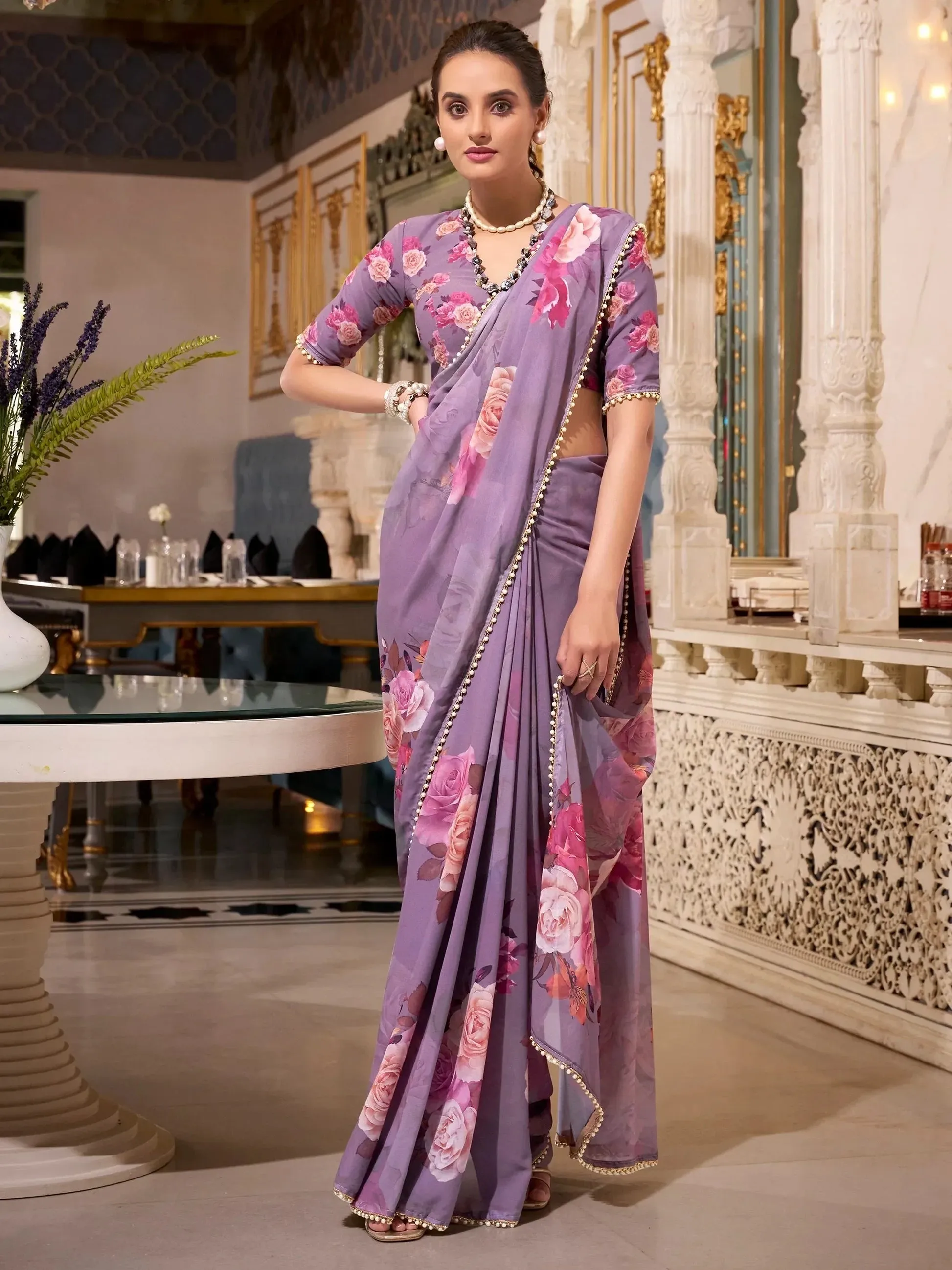 Alluring Grey Floral Printed Georgette Event Wear Saree With Blouse - Zeel Clothing
