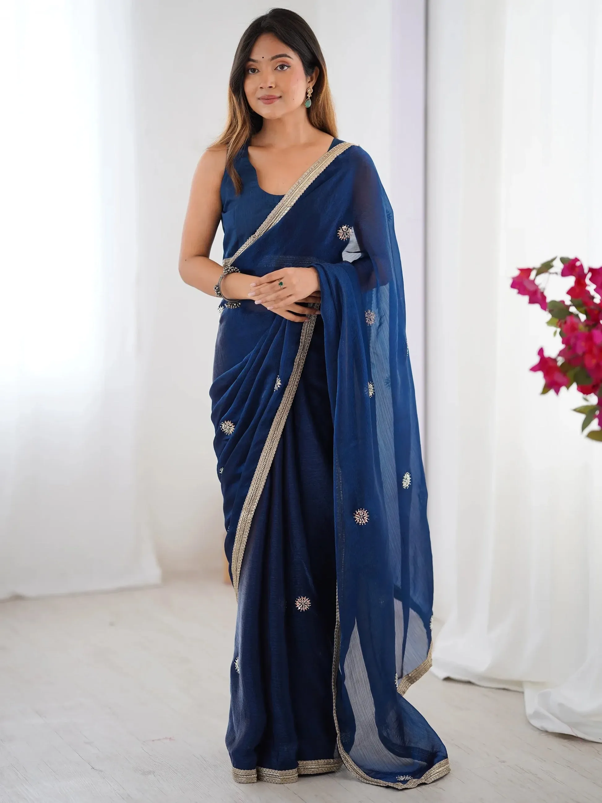 Marvelous Blue Beads Work Silk Party Wear Saree With Blouse - Zeel Clothing