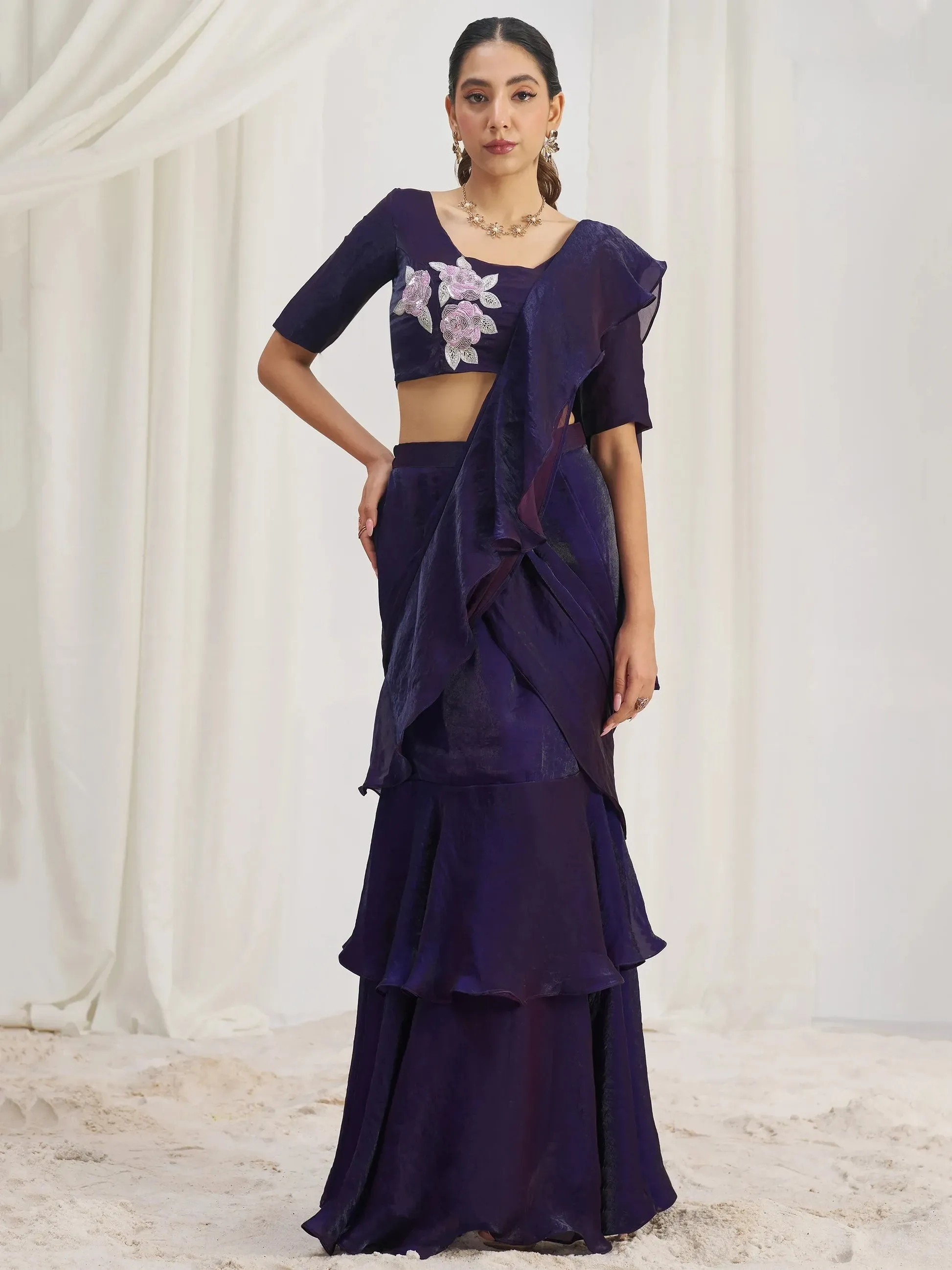 Glamorous Wine Ruffle Organza Pre-Stitched Saree With Hand Work Blouse - Zeel Clothing