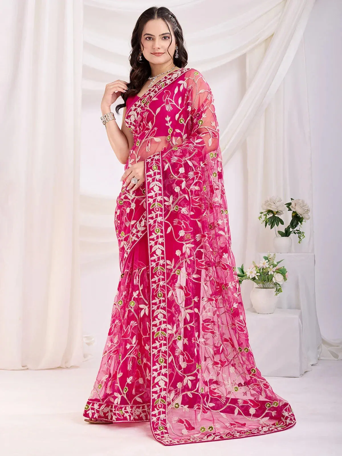 Alluring Hot Pink Thread Embroidery Net Evening Wear Saree - Zeel Clothing