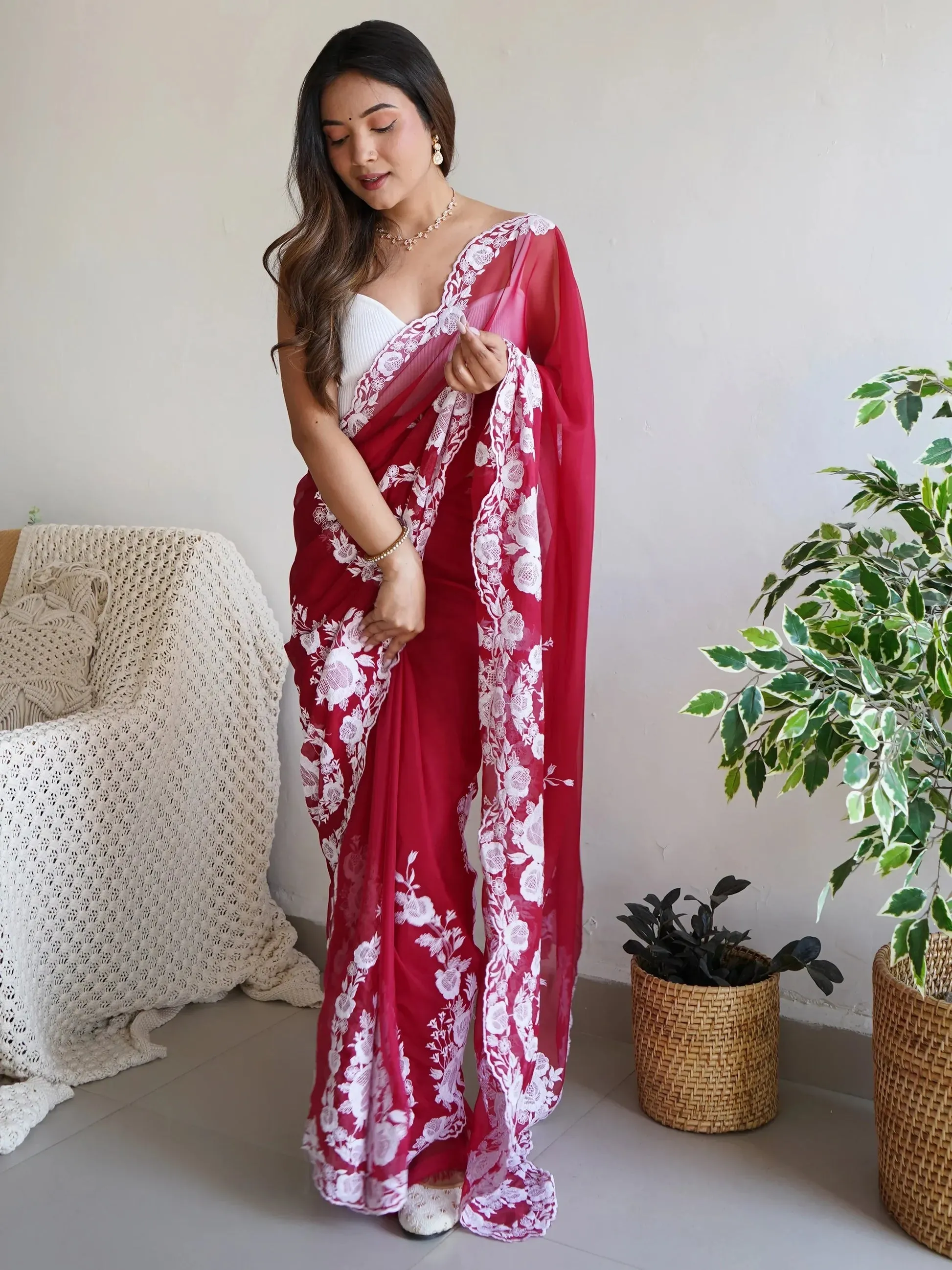 Gorgeous Red Thread Work Organza Festival Wear Saree With Blouse - Zeel Clothing
