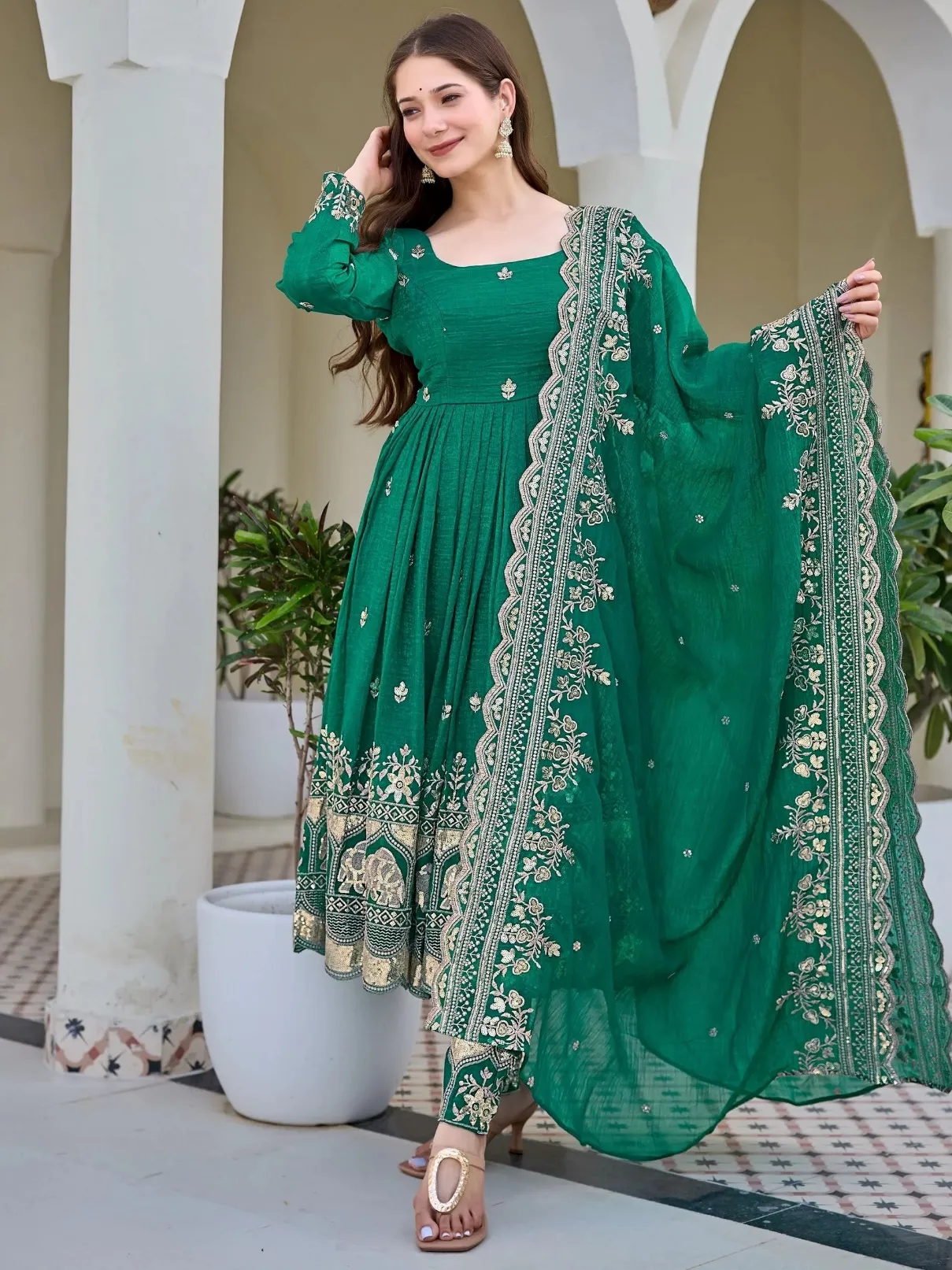 Adorable Green Embroidered Silk Festival Wear Anarkali Pant Suit With Dupatta