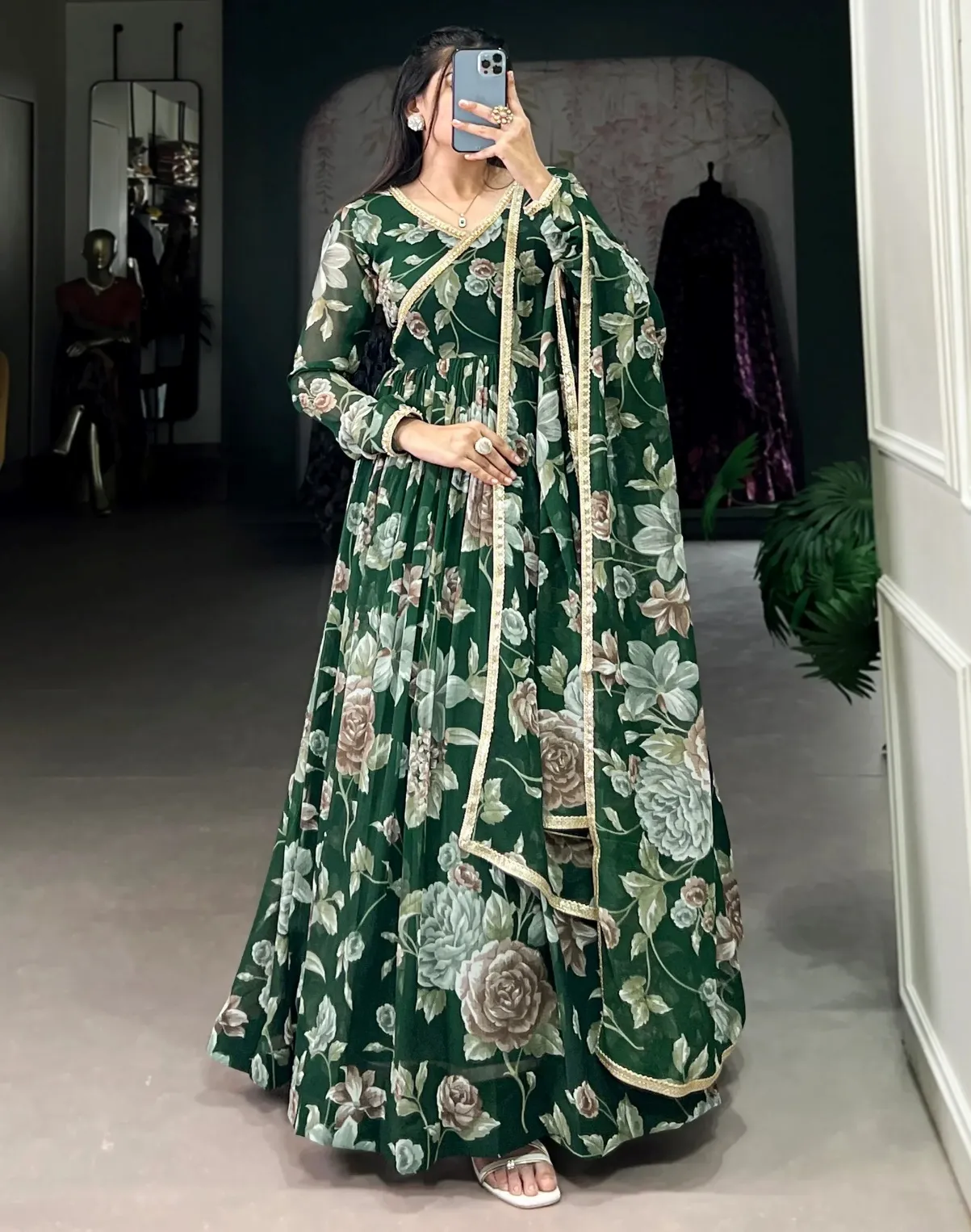 Tantalizing Green Floral Printed Georgette Event Wear Gown With Dupatta - Zeel Clothing