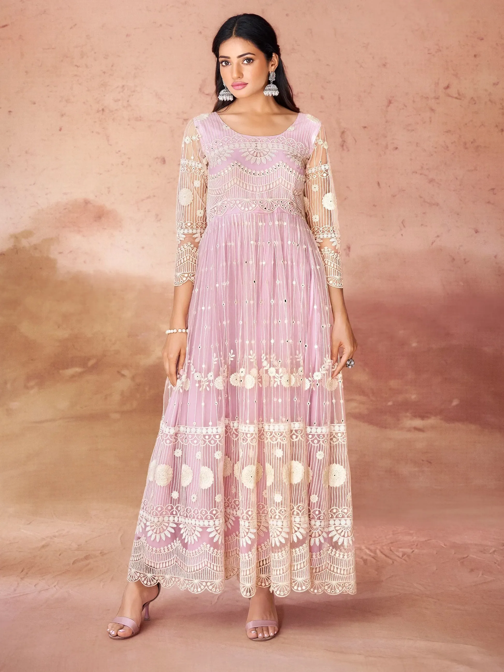 Awesome Baby Pink Embroidered Net Festival Wear Gown - Zeel Clothing