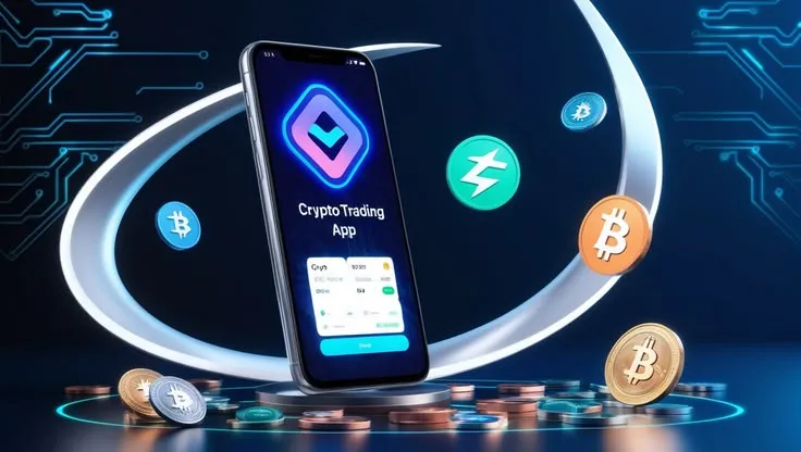 This may contain: a cell phone surrounded by bitcoins and other cryptocne symbols on a dark background