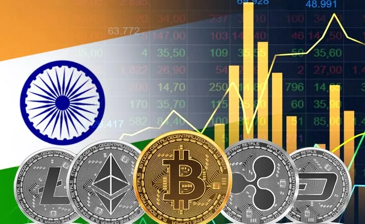 This may contain: bitcoin and india flag with an upward graph in the background, on top of stacks of coins