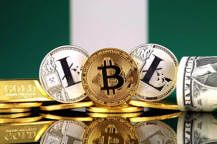 This may contain: stacks of gold and silver bitcoins sitting on top of each other in front of a flag