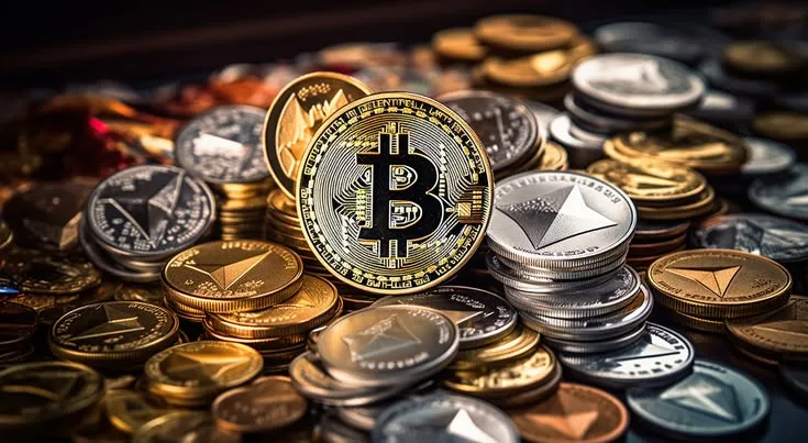 This may contain: a bitcoin sitting on top of some gold and silver coins
