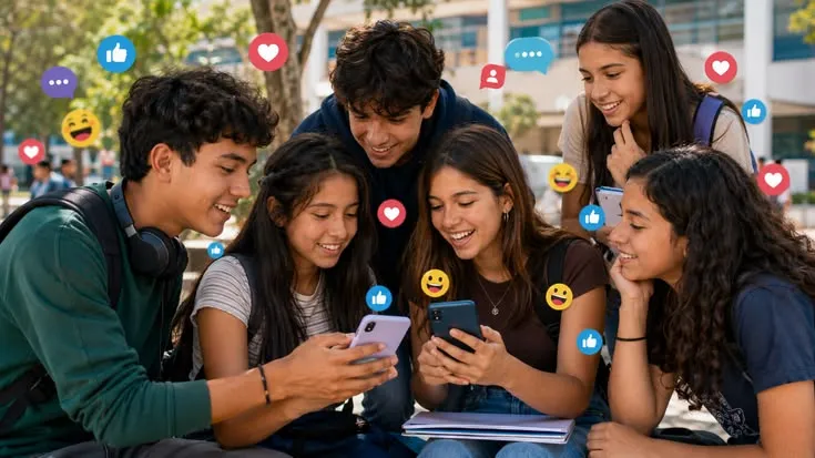 This may contain: a group of young people sitting next to each other looking at an electronic device with emoticions on the screen