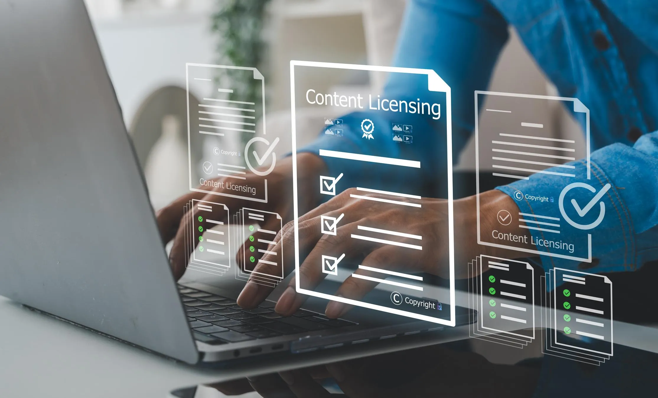 Businessman signing virtual content licensing agreement and digital rights management, AI copyright protection, stock photo video legal certification and intellectual property asset