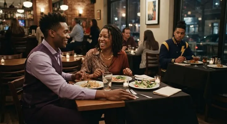 This may contain: two people sitting at a table with plates of food