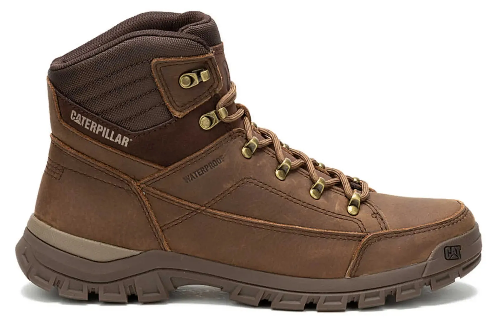 Brown Caterpillar lace-up work boot with rugged lugged outsole