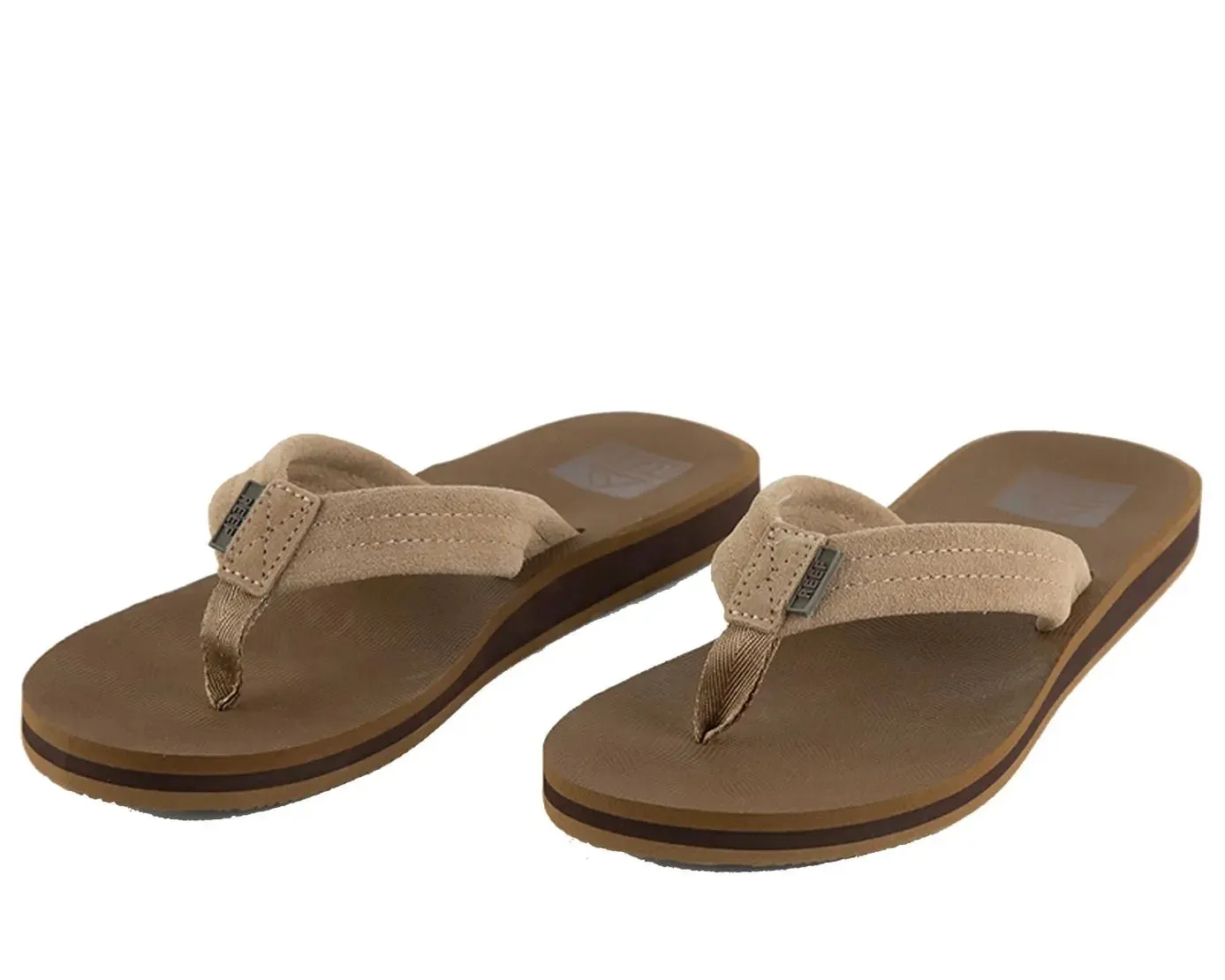 Men's Reef leather flip flops in tan and brown